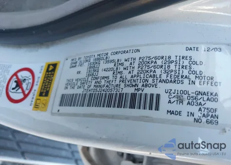 2004 Toyota Land Cruiser z USA, uszkodzony, nr VIN JTEHT05J242057317